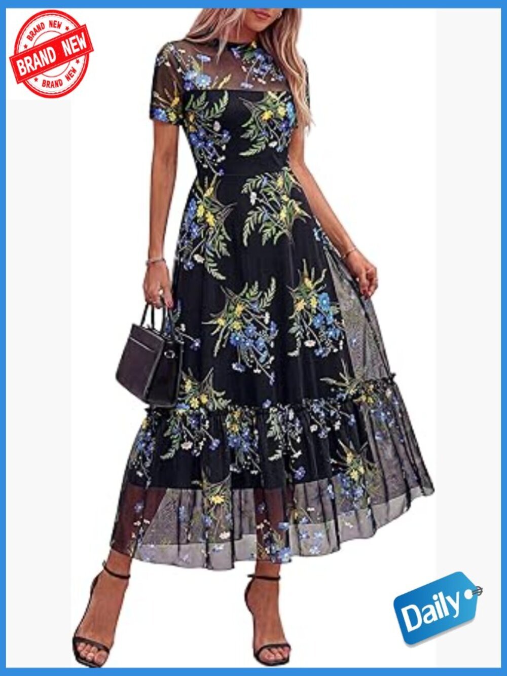 Boho Mesh Short Sleeve Floral Ruffle Midi Cocktail Dress